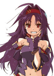 Rule 34 | 1girl, ahoge, armor, bare shoulders, breastplate, cowboy shot, detached sleeves, fingerless gloves, gloves, hair intakes, hairband, highres, long hair, looking to the side, midriff, navel, pointing, pointing up, pointy ears, purple armor, purple gloves, purple hair, red eyes, red hairband, shikei, smile, solo, sword art online, very long hair, white background, yuuki (sao)