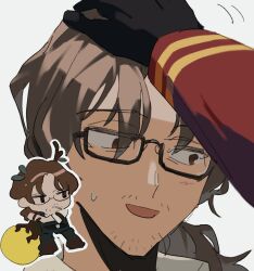 Rule 34 | 1boy, 1other, beard stubble, black gloves, brown eyes, brown hair, dante (limbus company), e.g.o (project moon), facial hair, glasses, gloves, golden apple (project moon), gregor (project moon), headpat, highres, limbus company, low ponytail, male focus, meisenlcb, open mouth, petting, project moon, simple background, smile, stubble, white background