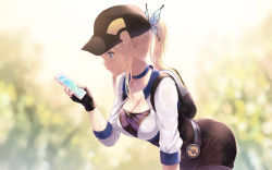 Rule 34 | 1girl, ass, backpack, bag, baseball cap, belt, bent over, blonde hair, blue eyes, blurry, blush, boku wa tomodachi ga sukunai, breasts, bug, butterfly, butterfly hair ornament, cait aron, cellphone, choker, cleavage, collarbone, cosplay, creatures (company), depth of field, female protagonist (pokemon go), female protagonist (pokemon go) (cosplay), fingerless gloves, game freak, gloves, hair ornament, hat, highres, holding, insect, kashiwazaki sena, leaning forward, long hair, medium breasts, nintendo, phone, pokemon, pokemon go, profile, shorts, sidelocks, solo, standing, sweat, wet, wet clothes