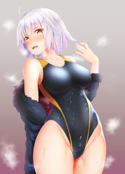 Rule 34 | 1girl, ahoge, black one-piece swimsuit, blush, breasts, closed eyes, coat, collarbone, commentary request, competition swimsuit, covered erect nipples, fate/grand order, fate (series), fur-trimmed coat, fur trim, gradient background, hand up, head tilt, highleg, highleg swimsuit, highres, jeanne d&#039;arc (fate), jeanne d&#039;arc alter (avenger) (fate), jeanne d&#039;arc alter (fate), large breasts, legs together, off shoulder, one-piece swimsuit, open mouth, short hair, silver hair, solo, standing, swimsuit, swimsuit under clothes, teeth, upper teeth only, wet, wet clothes, wet swimsuit, yellow eyes, yuunagi (0217)