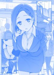 Rule 34 | 2boys, 2girls, :o, adjusting another&#039;s clothes, adjusting clothes, adjusting necktie, ai-chan (tawawa), arm behind back, bag, blazer, blue theme, breasts, business suit, cleavage, comic, earrings, formal, getsuyoubi no tawawa, hair ornament, hairclip, handbag, himura kiseki, jacket, jewelry, kouhai-chan (tawawa), large breasts, leaning forward, mole, mole under eye, monochrome, multiple boys, multiple girls, necktie, office lady, original, pantyhose, parted bangs, pencil skirt, pinstripe pattern, pinstripe suit, pleated skirt, pov, school uniform, silent comic, skirt, skirt suit, striped, suit, train station