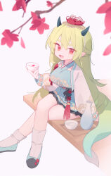 Rule 34 | 1girl, absurdres, ankle socks, arm support, branch, breasts, choko (cup), commentary, commission, cropped vest, crossed legs, cup, doribae, dragon girl, dragon horns, dragon tail, fang, flower, flower hairband, foot out of frame, frilled skirt, frills, garam (ryeoubi), green footwear, green hair, green horns, green skirt, green tail, green vest, hair between eyes, hairband, hanbok, hand up, highres, holding, horns, jacket, jeogori (clothes), korean clothes, long hair, long sleeves, looking at viewer, medium breasts, open clothes, open jacket, open mouth, original, petals, pointy ears, puffy long sleeves, puffy sleeves, red eyes, red flower, red ribbon, red tassel, ribbon, simple background, sitting, skin fang, skirt, smile, socks, solo, symbol-only commentary, tail, tassel, tokkuri, very long hair, vest, white background, white hairband, white jacket, white socks