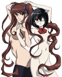 Rule 34 | 10s, 2girls, akazawa izumi, another, artist request, bare shoulders, black hair, bow, bowtie, breasts, brown eyes, brown hair, censored, convenient censoring, eyepatch, female focus, hair censor, holding hands, long hair, midriff, misaki mei, multiple girls, navel, nude, red eyes, serious, short hair, small breasts, smile, thighhighs, twintails, very long hair, yuri