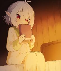 Rule 34 | 1girl, antenna hair, bed, blush, book, commentary request, elf, feet out of frame, hair between eyes, highres, holding, holding book, kokkoro (princess connect!), looking at viewer, nukomota, on bed, pajamas, pink eyes, pointy ears, princess connect!, short hair, silver hair, sitting, smile, solo, split mouth