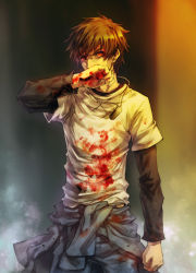 Rule 34 | 1boy, angry, blood, blood on clothes, blood on hands, brown hair, clenched hand, covered mouth, cowboy shot, dog tags, keisuke (togainu no chi), kkbkckdk, long sleeves, looking at viewer, male focus, red eyes, shirt, solo, t-shirt, togainu no chi