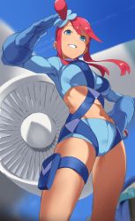 Rule 34 | 1girl, absurdres, aircraft, airplane, blue eyes, blue gloves, blue jacket, blue shorts, blue sky, breasts, commentary request, creatures (company), cropped jacket, dark-skinned female, dark skin, day, floating hair, game freak, gloves, hair ornament, hand on own hip, hand up, highres, jacket, large breasts, long hair, long sleeves, looking at viewer, midriff, navel, nintendo, one side up, pokemon, pokemon bw, pouch, pretty-purin720, red hair, revision, short shorts, shorts, sidelocks, sky, skyla (pokemon), smile, solo, standing, thigh pouch, thighs, turbine, wind