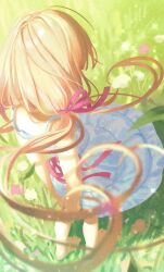 Rule 34 | 1girl, ahoge, arms behind back, bare legs, barefoot, blonde hair, blurry, depth of field, dress, floating hair, from above, from behind, futaba anzu, grass, hair ribbon, highres, idolmaster, idolmaster cinderella girls, long hair, meisa, outdoors, ribbon, signature, sleeveless, sleeveless dress, solo, sundress, twintails, very long hair
