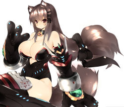 Rule 34 | 1girl, absurdres, animal ears, bare shoulders, bell, bodysuit, boots, breasts, brown eyes, brown hair, cleavage, collar, colorized, fox ears, fox tail, gauntlets, hair ornament, hair ribbon, highres, huatu jiang, huge breasts, long hair, low-tied long hair, neck bell, original, ribbon, simple background, sketch, smile, solo, tail, thigh boots, thighhighs, white background