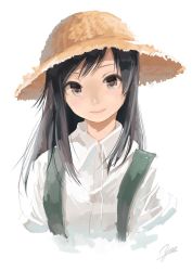 Rule 34 | 10s, 1girl, artist name, asashio (kancolle), black eyes, black hair, hat, kantai collection, looking at viewer, simple background, solo, straw hat, suspenders, upper body, white background, yae (mono110)