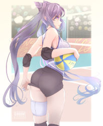 Rule 34 | 1girl, absurdres, adjusting clothes, alternate costume, artist name, ass, ball, bare shoulders, breasts, chark14, elbow pads, from behind, genshin impact, highres, holding, holding ball, keqing (genshin impact), knee pads, large breasts, long hair, purple eyes, purple hair, shiny clothes, shiny skin, short shorts, shorts, sideboob, solo, sportswear, twintails, very long hair, volleyball, volleyball (object), volleyball net, volleyball uniform