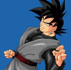 Rule 34 | 10s, 1boy, black eyes, black hair, blue background, clenched hand, dougi, dragon ball, dragon ball super, dutch angle, earrings, evil smile, fighting stance, fingernails, frown, goku black, jewelry, light smile, long sleeves, looking away, male focus, potara earrings, short hair, simple background, single earring, smile, spiked hair, upper body