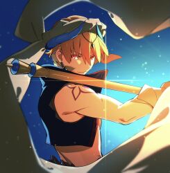 Rule 34 | 1boy, bare shoulders, blonde hair, blue vest, chietori, closed mouth, earrings, fate/grand order, fate (series), gilgamesh (fate), gold trim, highres, holding, holding staff, jewelry, looking at viewer, male focus, night, night sky, ornament, red eyes, short hair, sky, staff, tattoo, vest, white headwear