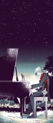 Rule 34 | 1boy, antonio salieri (fate), antonio salieri (second ascension) (fate), bad id, bad twitter id, cross, fate/grand order, fate (series), formal, instrument, male focus, music, night, night sky, piano, piano bench, playing instrument, scarf, sky, solo, spot color, star (sky), starry sky, striped suit, suit, tree