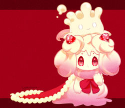 Rule 34 | alcremie, alcremie (strawberry sweet), cape, closed mouth, creatures (company), evolutionary line, food, fruit, fur-trimmed cape, fur trim, game freak, gen 8 pokemon, hand up, looking at viewer, milcery, neck ribbon, nintendo, no humans, on head, pokemon, pokemon (creature), pokemon on head, red cape, red eyes, red ribbon, ribbon, strawberry, symabara