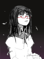 Rule 34 | 10s, 1girl, 2013, akemi homura, bespectacled, black background, collared shirt, food, glasses, gradient background, hairband, long hair, looking up, magical girl, mahou shoujo madoka magica, mahou shoujo madoka magica (anime), open mouth, parted lips, popcorn, red-framed eyewear, ribbon, semi-rimless eyewear, shirt, silverxp, simple background, solo, spot color, teeth, under-rim eyewear, upper body