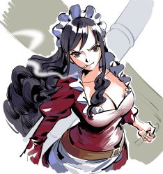 Rule 34 | 1girl, baby 5, belt, black hair, breasts, brown belt, brown eyes, cigarette, cleavage, closed mouth, commentary, dress, english commentary, from above, holding, holding weapon, juliet sleeves, long hair, long sleeves, looking at viewer, maid headdress, medium breasts, one piece, puffy sleeves, raine (acke2445), red dress, rocket launcher, sidelocks, simple background, smirk, smoking, solo, tsurime, upper body, v-shaped eyebrows, wavy hair, weapon, weapon on back, white background
