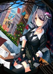 Rule 34 | 10s, 1girl, ai arctic warfare, bolt action, breasts, cityscape, cloud, day, eyepatch, fingerless gloves, gloves, gun, headgear, highres, kantai collection, large breasts, necktie, personification, purple hair, rifle, school uniform, sekigan, short hair, skirt, sky, sniper rifle, solo, tenryuu (kancolle), thighhighs, weapon, yellow eyes