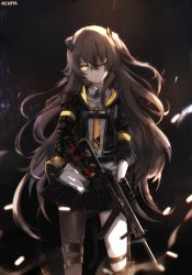 Rule 34 | 1girl, bad id, bad pixiv id, brown hair, city lights, clothes writing, floating hair, from side, girls&#039; frontline, gloves, gun, h&amp;k ump, hair between eyes, hair ornament, head tilt, headgear, heckler &amp; koch, holding, holding gun, holding weapon, jacket, long hair, looking at viewer, mod3 (girls&#039; frontline), nekoya (liu), night, one eye closed, one side up, outdoors, parted lips, prosthesis, prosthetic arm, rain, scar, scar across eye, scar on face, submachine gun, ump45 (girls&#039; frontline), ump45 (mod3) (girls&#039; frontline), weapon, wind, wind lift, yellow eyes