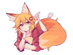 1girl :&gt; alternate_costume animal_ear_fluff animal_ears arm_support blonde_hair breasts collarbone commentary english_commentary feet_up flower fox_ears fox_girl fox_tail hair_flower hair_ornament highres kazumiskill long_sleeves looking_at_viewer lying on_stomach red_shirt senko_(sewayaki_kitsune_no_senko-san) sewayaki_kitsune_no_senko-san shirt short_hair small_breasts socks tail white_background white_socks