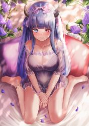 Rule 34 | 1girl, absurdres, anklet, azur lane, bare legs, bare shoulders, barefoot, blue eyes, blue hair, blush, bow, bracelet, breasts, cleavage, closed mouth, collarbone, flower, hair bow, hair ornament, highres, horns, ibuki (azur lane), ibuki (tranquil sunya) (azur lane), jewelry, large breasts, moleshi, off shoulder, official alternate costume, own hands together, petals, pink bow, red eyes, sitting, solo, thighs, wariza