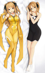Rule 34 | 1girl, ankle socks, ao no kanata no four rhythm, bed sheet, black nightgown, black ribbon, blonde hair, bodysuit, breasts, brown eyes, commission, covered navel, dakimakura (medium), full body, gloves, hair ribbon, large breasts, long hair, looking at viewer, lying, multiple views, nightgown, on back, on side, open mouth, ribbon, satouin reiko, smile, socks, stira, two side up, white legwear, yellow bodysuit