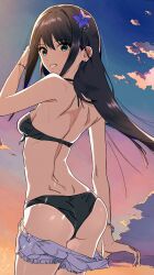 Rule 34 | absurdres, ass, bikini, bloom into me15, bracelet, clothes pull, dimples of venus, flower, from behind, highres, idolmaster, idolmaster cinderella girls, jewelry, piercing, pulled by self, shibuya rin, shorts, smile, swimsuit