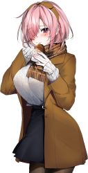 Rule 34 | 1girl, :t, alternate costume, bad id, bad pixiv id, black pantyhose, black skirt, blush, breasts, brown coat, brown hairband, brown scarf, casual, closed mouth, coat, commentary request, earrings, fate/grand order, fate (series), food, food on face, fringe trim, hair over one eye, hairband, highres, holding, holding food, jewelry, large breasts, long sleeves, looking at viewer, mash kyrielight, medium skirt, open clothes, open coat, pantyhose, pink hair, plaid, plaid scarf, purple eyes, scarf, short hair, simple background, skirt, sleeves past wrists, solo, sweater, taiyaki, wagashi, white background, white sweater, wrapper, xretakex