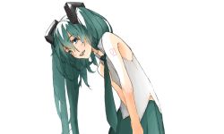 Rule 34 | 1girl, :d, absurdres, airy.i.ray, arms at sides, bare arms, bare shoulders, blue hair, blue necktie, blue skirt, close-up, grey shirt, half-closed eyes, happy, hatsune miku, highres, kneeling, long hair, looking at viewer, necktie, open mouth, shirt, simple background, skirt, sleeveless, sleeveless shirt, smile, solo, teeth, twintails, upper body, upper teeth only, very long hair, vocaloid, white background