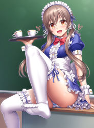 Rule 34 | 1girl, :d, apron, arm support, ass, blue dress, blue panties, blush, bow, bowtie, breasts, brown hair, center frills, chalkboard, cinderella series, commentary request, cup, desk, dress, fang, feet, frilled apron, frilled cuffs, frilled dress, frills, glint, hachigatsu no cinderella nine, hair ribbon, heart, holding, holding tray, knee up, lambda (kusowarota), lipstick, long hair, low twintails, makeup, naoe tayu, on desk, open mouth, orange eyes, panties, pantyshot, pink lips, puffy short sleeves, puffy sleeves, red bow, red bowtie, ribbon, short sleeves, sitting, small breasts, smile, solo, striped clothes, striped panties, teacup, thighhighs, toes, tray, twintails, underwear, upskirt, waist apron, waitress, white apron, white ribbon, white thighhighs, wrist cuffs
