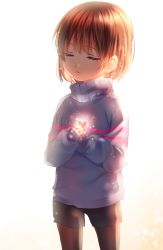 Rule 34 | absurdres, androgynous, artist name, backlighting, brown hair, brown pantyhose, closed eyes, cowboy shot, expressionless, frisk (undertale), gender request, glowing, hands on own chest, heart, highres, pantyhose, sasucchi, sasucchi95, short hair, shorts, simple background, solo, standing, striped clothes, striped sweater, sweater, turtleneck, undertale, white background