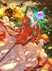 Rule 34 | 1girl, castle, company name, copyright name, dress, elincia ridell crimea, fire, fire emblem, fire emblem: path of radiance, fire emblem cipher, green hair, holding, holding staff, long hair, long sleeves, looking back, nintendo, official art, open mouth, orange eyes, outdoors, sky, solo, staff, suzuki rika