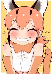 Rule 34 | +++, 1girl, ^ ^, animal ear fluff, animal ears, blush, bow, bowtie, caracal (kemono friends), closed eyes, commentary, elbow gloves, gloves, grin, highres, kemono friends, kemono friends 2, laughing, masuyama ryou, orange bow, orange bowtie, orange hair, simple background, sleeveless, smile, solo, tail, traditional bowtie, translated, upper body, yellow background