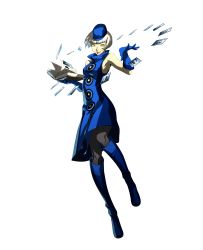 Rule 34 | 1girl, absurdres, blue footwear, book, boots, card, dress, elizabeth (persona), full body, gloves, hat, highres, knee boots, official art, pantyhose, persona, persona 3, persona 3 portable, persona 4: the ultimate in mayonaka arena, short hair, sleeveless, sleeveless dress, soejima shigenori, solo, transparent background, white hair, yellow eyes