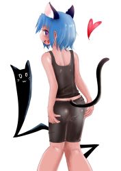 Rule 34 | 1girl, animal ears, ass, bike shorts, blue hair, cat ears, cat tail, chibi yami, female focus, from behind, futaba channel, heart, highres, looking back, nijiura maids, seirei (mimi toka), short hair, simple background, solo, tail, white background