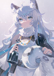 Rule 34 | 1girl, ahoge, animal ear fluff, animal ears, arknights, bell, black jacket, closed mouth, commentary request, dress, grey background, grey eyes, hair between eyes, highres, holding, holding bell, jacket, long hair, long sleeves, looking at viewer, pramanix (arknights), solo, tail, thick eyebrows, tiger ears, tiger girl, tiger tail, turtleneck, very long hair, white dress, white hair, yayako (804907150)