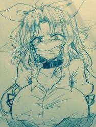 Rule 34 | 1girl, blush, bow, breasts, cleavage, cleave gag, cloth gag, collar, collarbone, collared shirt, commentary request, efukei, gag, gagged, hair bow, highres, improvised gag, large breasts, long hair, looking at viewer, monochrome, nose blush, shaking head, shirt, sidelocks, solo, sweat, tears, touhou, traditional media, upper body, watatsuki no yorihime