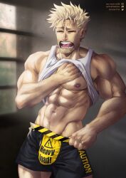 Rule 34 | 1boy, abs, artist name, bara, beard, blonde hair, boku no hero academia, bubaigawara jin, bulge, closed eyes, facial hair, fangs, feet out of frame, groin, hairy, highres, large pectorals, light, logo, male focus, male swimwear, manly, mature male, muscular, muscular male, nipples, open mouth, pectorals, pubic hair, saliva, saliva trail, scar, scar on face, signature, solo, soynutts, spiked hair, sunlight, swim briefs, tank top, thick arms, twitter username, window