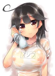 Rule 34 | 10s, 1girl, ahoge, black hair, blush, breasts, brown eyes, covered erect nipples, kantai collection, large breasts, long hair, looking at viewer, solo, teruteru-deru, ushio (kancolle), wet, wet clothes