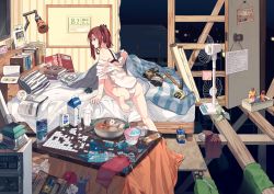 Rule 34 | 1girl, alcohol, barefoot, bed, bedroom, blanket, book, book stack, bookmark, bra, brown hair, cable, cotton ball, cup, daikon, desk lamp, drinking glass, drinking straw, egg, electric fan, electrical outlet, electrical outlet, food, fork, glass, glue stick, highres, hitogome, indoors, jigsaw puzzle, knife, knitting needle, lamp, light bulb, long legs, messy room, milk carton, needle, oden, off shoulder, open book, open mouth, original, panties, pickaxe, picture frame, pillow, puzzle, puzzle piece, radish, revision, scarf, scissors, scrunchie, shaved ice, solo, stapler, stuffed animal, stuffed rabbit, stuffed toy, stuffing, tablet pc, tape measure, underwear, white panties, yarn, yarn ball