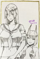 Rule 34 | 2girls, bob cut, breasts, commentary request, crop top, dated, fangs, fate/grand order, fate (series), graphite (medium), height difference, highres, horns, large breasts, midriff, minamoto no raikou (fate), minamoto no raikou (fate/grand order), minamoto no raikou (swimsuit lancer) (fate), minamoto no raikou (swimsuit lancer) (second ascension) (fate), monochrome, multiple girls, navel, open mouth, parted bangs, school uniform, serafuku, shuten douji (fate), signature, skin-covered horns, small breasts, smile, titiduki (manman-ya), traditional media