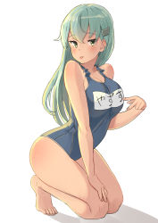 Rule 34 | 1girl, :p, aqua hair, bad id, bad pixiv id, barefoot, blue one-piece swimsuit, body blush, breasts, character name, cleavage, closed mouth, commentary request, earrings, from side, full body, grey eyes, hair ornament, hairclip, hand on own thigh, highres, jewelry, kantai collection, kneeling, large breasts, leaning forward, long hair, looking at viewer, looking to the side, name tag, new school swimsuit, one-piece swimsuit, osananajimi neko, parted bangs, school swimsuit, shadow, simple background, sketch, solo, straight hair, stud earrings, suzuya (kancolle), swimsuit, thighs, toes, tongue, tongue out, v, white background