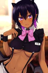Rule 34 | 1girl, :d, bare shoulders, black hair, blush, bow, bowtie, breasts, dark skin, dark-skinned female, demon girl, gomashi (goma), highres, horns, large breasts, looking at viewer, multicolored hair, navel, open mouth, original, pointy ears, purple eyes, purple hair, short hair, sleeveless, smile, solo, demon girl, suspenders, underboob, wrist cuffs
