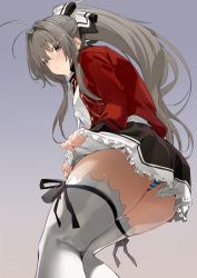Rule 34 | 1girl, aiguillette, amagi brilliant park, antenna hair, ass, black skirt, blush, breasts, brown eyes, brown hair, hair intakes, highres, jacket, large breasts, long hair, long sleeves, looking at viewer, panties, ponytail, red jacket, sento isuzu, skirt, solo, striped clothes, striped panties, thighhighs, underwear, uno ryoku, white thighhighs