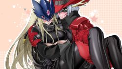 Rule 34 | 1boy, 1girl, antlers, armor, bandai, beelstarmon, belt, black gloves, black legwear, blonde hair, blush, breast hold, breasts, cape, carrying, claws, closed mouth, couple, cowboy hat, digimon, digimon (creature), domino mask, embarrassed, facial mark, gloves, green eyes, grey hair, hat, helmet, hetero, high collar, highres, horns, large breasts, long hair, long sleeves, looking at another, looking at viewer, magnakidmon, markings, mask, monster, multiple belts, neo gra1x6, pants, pauldrons, pink background, pink eyes, princess carry, revealing clothes, short hair, shoulder armor, sidelocks, skin tight, smile, spandex, star (symbol), third eye, tight clothes, tight pants, torn cape, torn clothes, underboob, wavy mouth, zipper