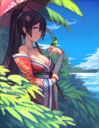Rule 34 | 10s, 1girl, absurdres, bare shoulders, beach, bird, bird on hand, black hair, blue sky, breasts, brown eyes, brown hair, cleavage, day, detached sleeves, flower, hair flower, hair ornament, highres, japanese clothes, kantai collection, kexue, kimono, long hair, looking at viewer, medium breasts, outdoors, parasol, pink eyes, ponytail, sky, smile, solo, standing, umbrella, wide sleeves, yamato (kancolle)