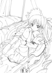 Rule 34 | 00s, 1girl, bonnet, bow, bowtie, curly hair, doll, doll joints, dress, frills, full body, greyscale, hat, joints, kneehighs, long hair, long sleeves, lowres, lying, monochrome, on back, panties, panty pull, ribbon, rozen maiden, shinku, sidelocks, sketch, socks, solo, suitcase, thighs, twintails, underwear, undressing, upskirt, very long hair