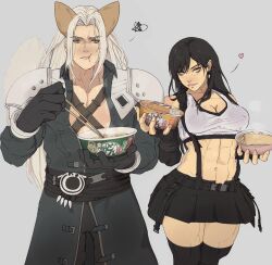 1boy 1girl animal_ears belt black_belt black_gloves black_hair black_pants black_skirt black_thighhighs bowl breasts chopsticks cleavage closed_mouth coat collarbone commentary cup_ramen donbee_(food) donbei_tempura_soba earrings eating english_commentary final_fantasy final_fantasy_vii fingerless_gloves fingernails food fox_ears fox_tail gloves green_eyes grey_background grey_coat hands_up heart highres holding holding_bowl holding_chopsticks jewelry kemonomimi_mode large_breasts lips long_fingernails long_hair long_sleeves looking_at_viewer midriff miniskirt navel nissin_donbei noodles pants sephiroth sidelocks simple_background skirt smile standing suspender_skirt suspenders tail tank_top thighhighs thighs tifa_lockhart v-shaped_eyebrows white_hair white_tank_top yellow_eyes yoracrab