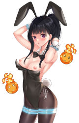 Rule 34 | 1girl, adapted costume, alternate costume, animal ears, bare shoulders, black bow, black bowtie, black pantyhose, blackheartxiii, blunt bangs, blush, bow, bowtie, breasts, breasts out, covered navel, cowboy shot, detached collar, en&#039;en no shouboutai, fake animal ears, fake tail, fire, glowing, hands in hair, highres, large breasts, leotard, looking at viewer, maki oze, medium hair, nipples, pantyhose, parted lips, playboy bunny, ponytail, purple eyes, rabbit ears, rabbit tail, sideboob, sidelocks, simple background, solo, sweat, tail, tareme, taut clothes, white background, wrist cuffs