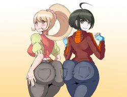 Rule 34 | 2girls, ahoge, ass, ass-to-ass, ass press, blonde hair, blush, blush stickers, breasts, brown hair, come hither, danganronpa (series), danganronpa another episode: ultra despair girls, danganronpa v3: killing harmony, denim, fingerless gloves, from behind, gloves, green eyes, hair ornament, hair scrunchie, highres, huge ass, jeans, large breasts, long hair, looking at viewer, looking back, multiple girls, naegi komaru, naughty face, naver, pants, parted lips, ponytail, saionji hiyoko, scrunchie, short hair, sideboob, skin tight, smile, sweater, tight clothes, tight pants, yellow eyes