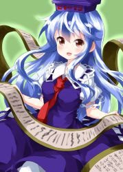 Rule 34 | 1girl, :d, blue dress, blue hair, blue hat, blush, breasts, commentary request, cowboy shot, dress, green background, hair between eyes, hat, highres, holding, holding scroll, kamishirasawa keine, long hair, looking at viewer, medium breasts, necktie, open mouth, petticoat, pinafore dress, puffy short sleeves, puffy sleeves, red eyes, red necktie, ruu (tksymkw), scroll, shirt, short sleeves, simple background, sleeveless, sleeveless dress, smile, solo, touhou, very long hair, white shirt